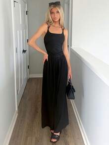 Sydney Algeri Mono recto suelto y plisado informal para mujer, con tirantes ajustables, apto para primavera/verano - Negro - Ver 1