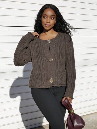 Yess Loren 秋冬女士纯色前扣长袖休闲衬衫、针织毛衣