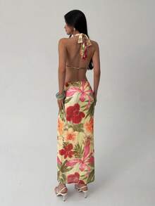 Aloruh 女士性感印花露背吊带上衣和半身裙两件套，度假装 - 黃色 - 查看 3