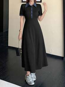 DAZY Women's Contrast Color Korean Style Casual Long Sleeve Midi Dress Sundress - Black - View 5