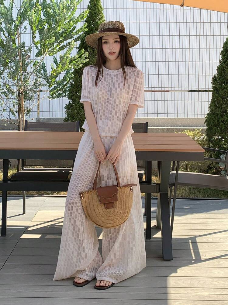 2pcs Women Korean Style Loose Casual Short Sleeve T-Shirt And Wide Leg Pants Set Summer