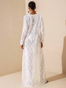 Vesra 女士时尚V领蕾丝开衩长袖连衣裙，半透明 - 白色 - 查看 2