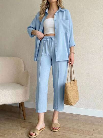 Conjunto Paquete Set 2 Piezas Dama Mujer Casual imitación lino camisa blusa oversize manga corta pantalón corte clásico pierna recta cintura elástica ajustable detalle Elegante corte clásico cómodo fresco ligero primavera verano playa calor diario día festival musica bohemio Conjunto dos piezas mujer, conjunto casual mujer, set camisa y pantalón, pantalón cintura elástica mujer, outfit cómodo mujer, conjunto color neutro, ropa casual elegante, conjunto ligero mujer.