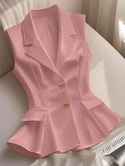 Franclia Women's Spring/Summer French V-Neck Elegant Bow Button Sleeveless Fitted A-Line White Blazer