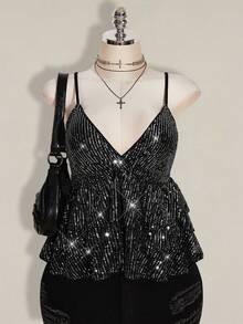 SHEIN ICON Plus Size Fashionable Party Sequin Ruffle Hem Camisole, Summer Tops - Silver - View 8