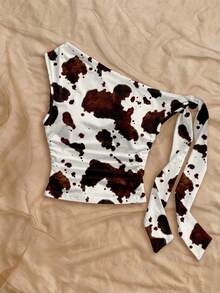 Soleia 休闲简约度假波西米亚风优雅浪漫复古奶牛纹图案女式不对称肩带系带上衣，适合音乐节、西部风格、海滩、度假、夏季户外活动。 - 彩色 - 查看 5