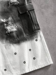 ROMWE MEN Street Life 男士夏季休闲时尚街头渐变水洗做旧铆钉宽松阔腿工装牛仔裤，不含链条腰带 - 白色 - 查看 7