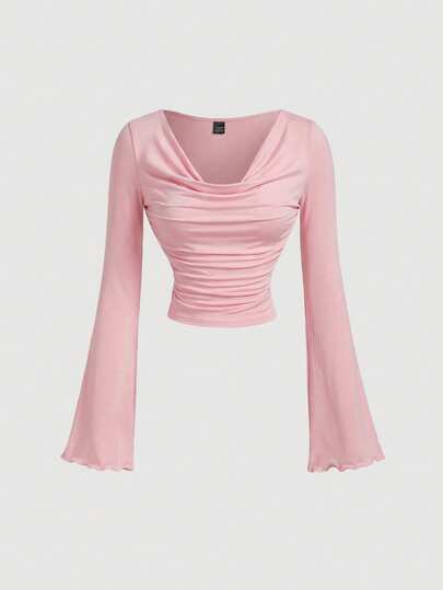 SHEIN MOD Women's Elegant Ruched Flare Sleeve Solid Color Fitted T-Shirt, Spring/Autumn