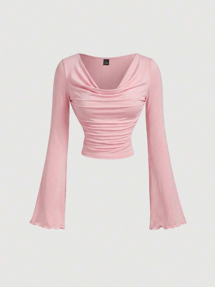 SHEIN MOD Áo thun nữ dáng ôm, tay loe nhún bèo, màu trơn, thích hợp cho mùa xuân/thu. - Hồng - Xem 1