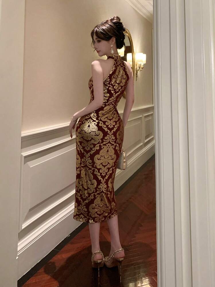 Women's Elegant Floral Patchwork Mandarin Collar Sleeveless Midi Dress, Summer,Wedding Guest Dress Women Sundress