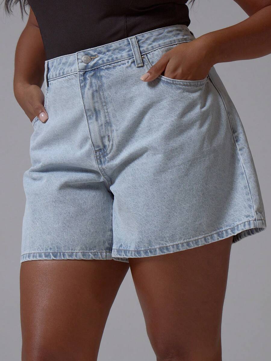 MUSERA Quần short denim dáng rộng cạp trung, màu xanh nhạt, thích hợp cho mùa xuân hè, thanh lịch, lễ Phục sinh, dễ thương, đi nghỉ mát, thường ngày, phong cách cơ bản. - Rửa nhẹ - Xem 1