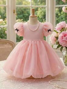 Glamorique Kids 小女孩夏季粉色泡泡袖网纱连衣裙，带蝴蝶结，可爱公主蓬蓬裙 - 粉色 - 查看 8