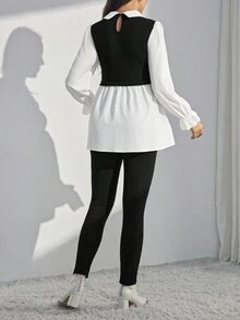 SHEIN Conjunto informal de 2 piezas con mangas largas de color contrastante y costuras para maternidad, nuevo de primavera y verano - Blanco y Negro - Ver 2