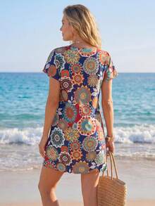 Sylviya Summer Casual Short Sleeve Dress With All-Over Print, V-Neck And Batwing Sleeves - Blue - View 2