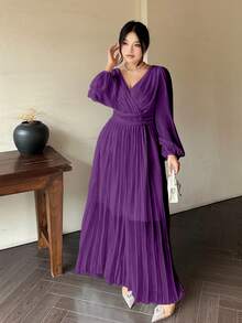 Vibekara 浪漫V领露背长袖连衣裙，飘逸优雅的希腊风格白色女神礼服 - 紫色 - 查看 6