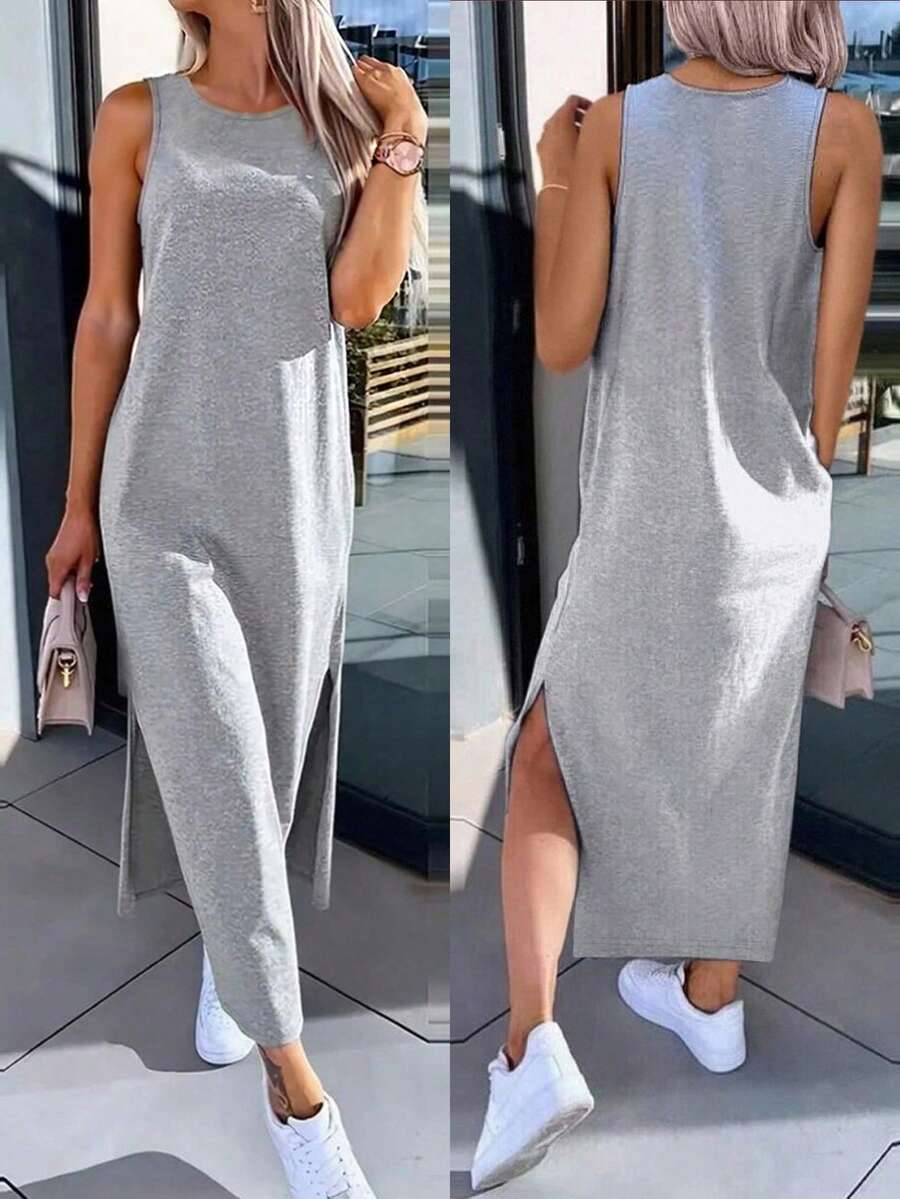 INAWLY Women's Casual Round Neck Side Split Hem Light Gray Vest Dress - Light Grey - View 1