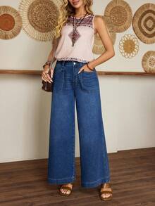SHEIN LUNE Women's Vacation Casual Washed Wide Leg Jeans - Blue - View 3