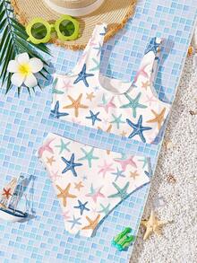 Tween Girls Casual Minimalist Camisole & Triangle Bikini Swimwear Set, Suitable For Summer - Multicolor - View 2