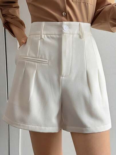 Strévra Women's Solid Color Slim High Waist Commuter Daily Oblique Pocket Shorts