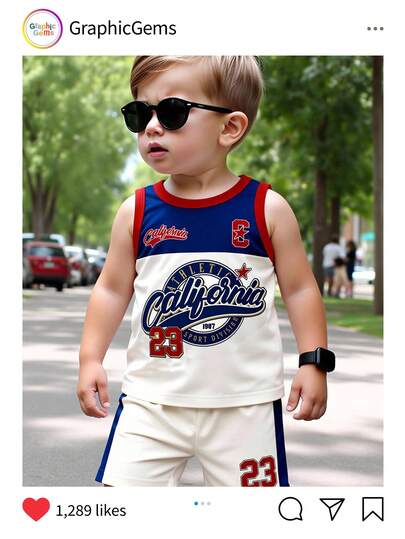 SHEIN Playful Pals 男婴休闲运动套装（2件套），可爱Logo及23号印花背心搭配短裤，适合夏季外出穿着