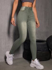 Flexra Quần jean skinny nữ kiểu dáng thường ngày có túi - xanh quân đội - Xem 6