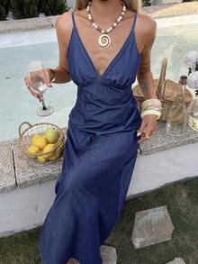 DAZY 女士V领吊带连衣裙，度假风牛仔连衣裙 - 深色水洗藍 - 查看 4