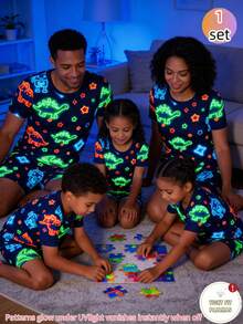 1 Set Young Boy Pajamas, Navy Blue Glow-In-The-Dark Round Neck Short Sleeve T-Shirt With Colorful Star, Green Dinosaur And Light Blue Block Print, Matching Shorts, Soft And Comfortable Knit Fabric, Suitable For Summer Indoor And Outdoor Wear - Multicolor - View 12
