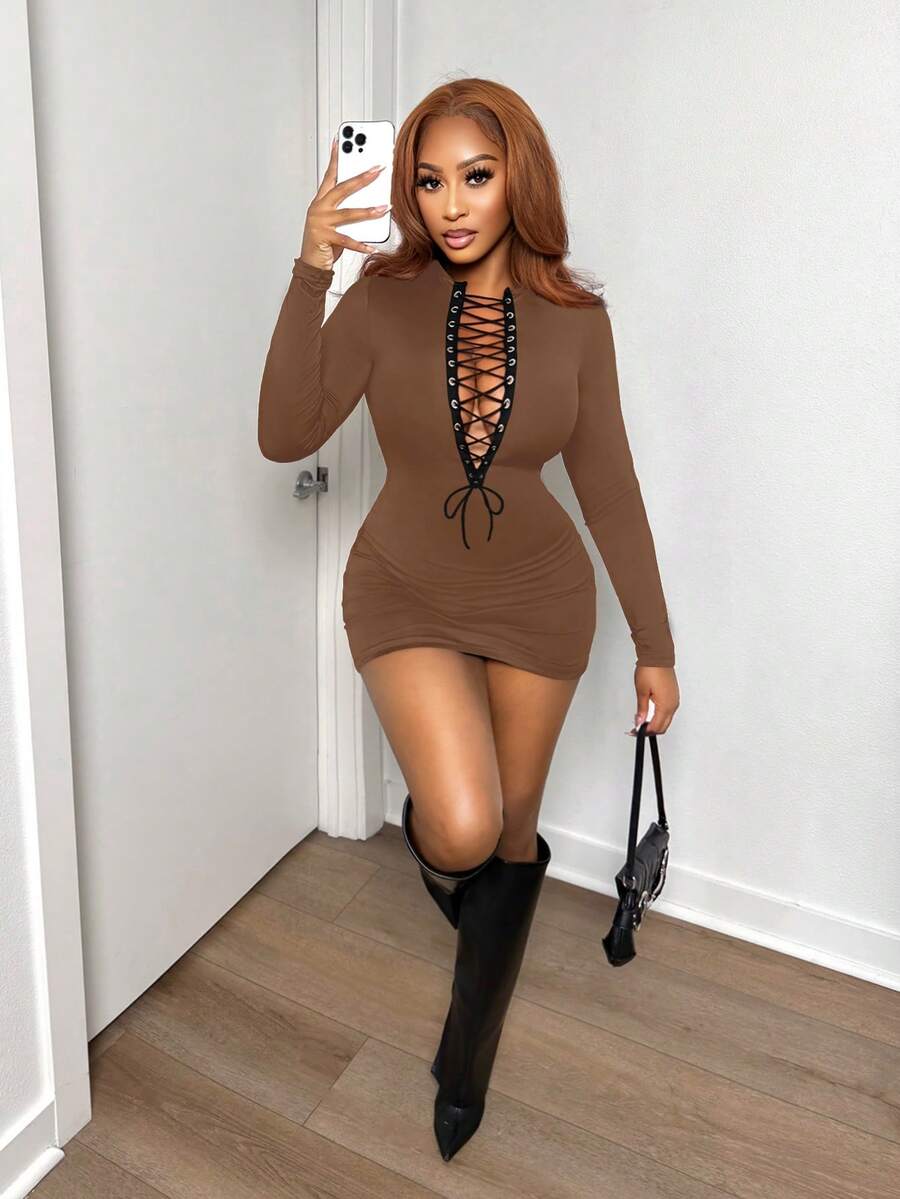 BamGleam 新款秋冬性感系带镂空修身派对迷你连衣裙，女士款 - 棕色 - 查看 1