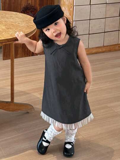 DAZY 女婴时尚校园风连衣裙，幼儿休闲背带裙，带蝴蝶结装饰