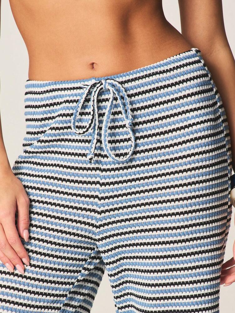 MISSGUIDED Pantalones palazzo de pierna ancha a rayas de ganchillo, de cintura alta con cordón, casuales y sueltos para el verano, ideales para la playa y vacaciones