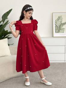 SHEIN Tween-Mädchen Süßes Puffärmel Quadratausschnitt Prinzessin Kleid, Lässig Alltagstragen, Festliche Kleidung, Partykleid, Geburtstags- & Geschwister-Partnerlook, geeignet Alltag, Feste, Familienfeiern und besondere Anlässe, Geschwister-Stil Kleidung, Frühling/Sommer, Bezaubernd, Elegant, Süß, Retro, Modisch. Passend für Mütter, Töchter und Schwestern - Rot - Übersicht 4