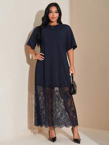 SHEIN Tall CURVE 大码纯色宽松休闲短袖T恤蕾丝连衣裙，时尚百搭，适合外出和通勤。 - 寶藍色 - 查看 5