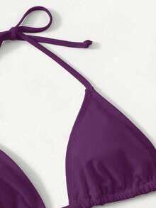 SHEIN Swim Bộ bikini buộc dây cổ màu trơn gợi cảm dành cho nữ, thích hợp cho mùa hè đi biển. - Màu Đỏ Sâu - Xem 4