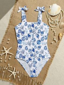 SHEIN 少女夏季时尚优雅可爱蓝白贝壳印花针织可调节肩带连体泳衣，适合度假、海滩、泳池、节日派对等场合 - 彩色 - 查看 1
