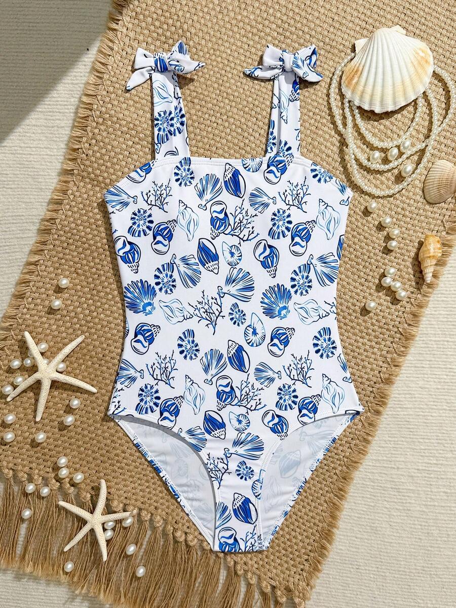 SHEIN 少女夏季时尚优雅可爱蓝白贝壳印花针织可调节肩带连体泳衣，适合度假、海滩、泳池、节日派对等场合 - 彩色 - 查看 1
