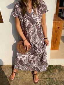 Vivie Lora Women's V-Neck Loose Brown Floral Print Dress Summer Sundress Boho Vacation Outfits Women - Brown - View 6