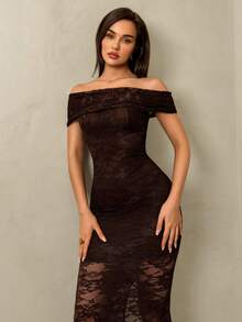 SHEIN Glamour 优雅H型蕾丝露肩开衩连衣裙，性感法式风情，2026春夏新款系列 - 咖啡 - 查看 3