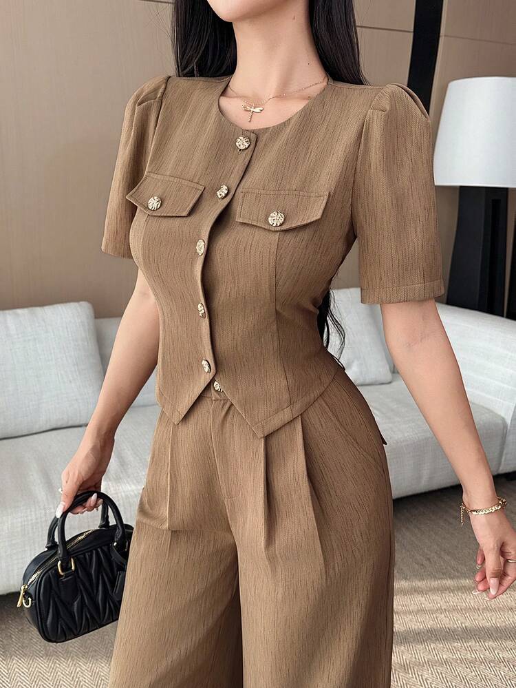 Women's V-Neck Cinched Waist Top & Long Cardigan Two Pieces Set, Khaki Summer