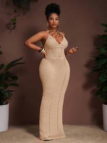 Slaydiva Đầm hai dây màu kaki dệt kim khoét eo, xuyên thấu, phong cách Bohemian mới mùa Xuân/Hè 2026, thích hợp cho kỳ nghỉ, tiệc tùng, cỡ lớn dành cho nữ. - Màu be - Xem 7