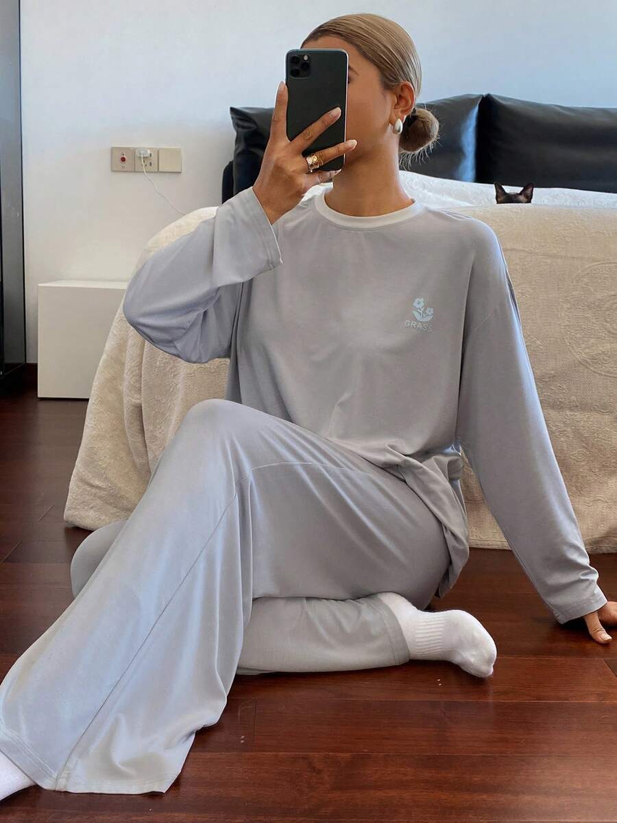 DAZY 2pcs/Set Women Casual Loose Long Sleeve T-Shirt And Pants Suit, Autumn - Blue - View 1