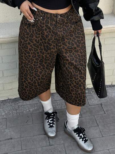 Dazy Plus 大码女式豹纹宽松直筒七分牛仔裤