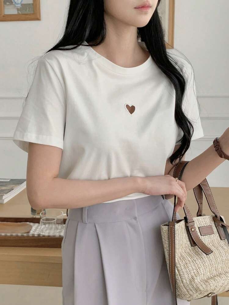 Women's Round Neck Hollow Heart Elegant Casual Loose T-Shirt