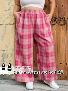 SHEIN CURVE+ 尺码 US22 适合音乐节、海滨度假的波西米亚风女士格子裤，黑白格子弹力腰阔腿休闲宽松裤，女士休闲阔腿裤，加大码，Hoho Vacation 女士粉色格子裤 - 淺粉色 - 查看 1