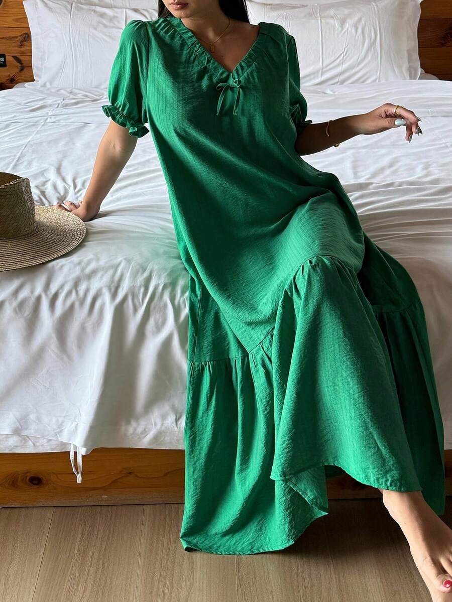 DAZY 女士宽松长裙，绿色度假风，夏季家居服 - 綠色 - 查看 1