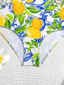 Tween Girls Lemon Print Hollow-Out One-Piece Swimsuit - Yellow - View 3