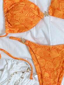 Swim Vcay Conjunto de traje de baño de 2 piezas con top tipo camiseta sin mangas y shorts de baño con estampado digital para mujeres, para uso casual, playa y viajes - Naranja - Ver 5