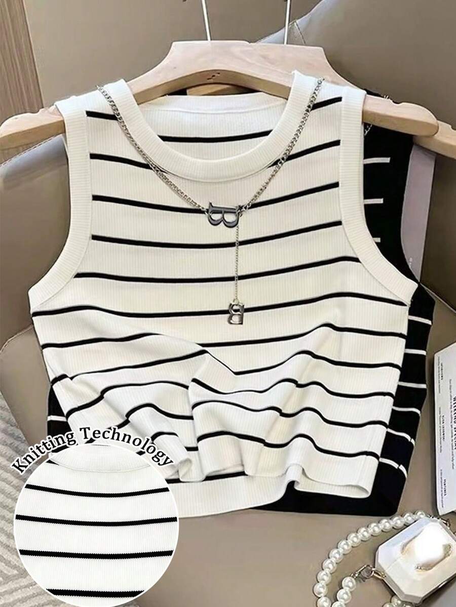 Resyla Women's Casual Striped Crew Neck Knitted Vest, Versatile For Autumn/Winter - Multicolor - View 1