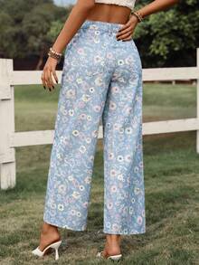 EMERY ROSE 女士休闲印花阔腿牛仔裤，夏季 - 藍色 - 查看 2