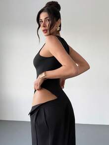 Rafferiza 女士高弹力连体衣，黑色金属玫瑰扣连体衣，外出穿搭，黑色连体衣，夏季度假穿搭，休闲连体衣，无袖连体衣，性感连体衣，女士沙滩装，沙滩连体衣，黑色紧身连体衣，黑色性感露背上衣，无袖上衣，金属扣上衣，吊带背心，露背上衣，黑色性感上衣 - 黑色 - 查看 2