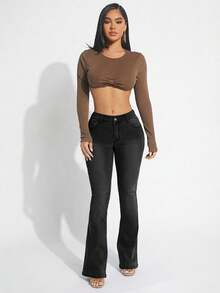 SHEIN SXY 女士休闲日常通勤修身喇叭牛仔裤 - 灰色 - 查看 4